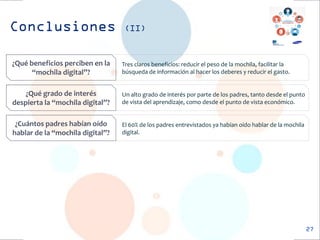 Conclusiones (II) 
¿Qué beneficios perciben en la “mochila digital”? 
Tres claros beneficios: reducir el peso de la mochila, facilitar la búsqueda de información al hacer los deberes y reducir el gasto. 
27 
¿Qué grado de interés despierta la “mochila digital”? 
Un alto grado de interés por parte de los padres, tanto desde el punto de vista del aprendizaje, como desde el punto de vista económico. 
¿Cuántos padres habían oído hablar de la “mochila digital”? 
El 60% de los padres entrevistados ya habían oído hablar de la mochila digital. 