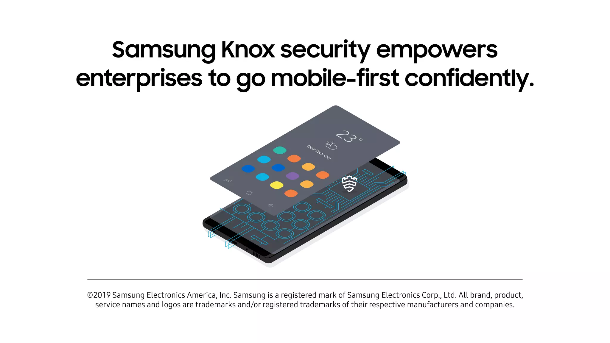 ©2019 Samsung Electronics America, Inc. Samsung is a registered mark of Samsung Electronics Corp., Ltd. All brand, product,
service names and logos are trademarks and/or registered trademarks of their respective manufacturers and companies.
Samsung Knox security empowers
enterprises to go mobile-first confidently.
 