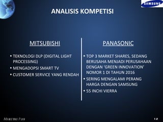 ANALISIS KOMPETISI



                  MITSUBISHI               PANASONIC
    • TEKNOLOGI DLP (DIGITAL LIGHT • TOP 3 MARKET SHARES, SEDANG
      PROCESSING)                    BERUSAHA MENJADI PERUSAHAAN
    • MENGADOPSI SMART TV            DENGAN ‘GREEN INNOVATION’
    • CUSTOMER SERVICE YANG RENDAH   NOMOR 1 DI TAHUN 2016
                                   • SERING MENGALAMI PERANG
                                     HARGA DENGAN SAMSUNG
                                   • 55 INCHI VIERRA




Marke ting P l
             an                                                    12
 