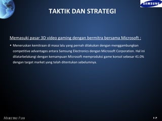TAKTIK DAN STRATEGI


    Memasuki pasar 3D video gaming dengan bermitra bersama Microsoft :
    • Meneruskan kemitraan di masa lalu yang pernah dilakukan dengan menggambungkan
      competitive advantages antara Samsung Electronics dengan Microsoft Corporation. Hal ini
      dilatarbelakangi dengan kemampuan Microsoft memproduksi game konsol sebesar 41.0%
      dengan target market yang telah ditentukan sebelumnya.




Marke ting P l
             an                                                                                 17
 