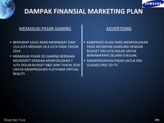 DAMPAK FINANSIAL MARKETING PLAN

          MEMASUKI PASAR GAMING                        ADVERTISING

    • BERHARAP SALES AKAN MENINGKAT DARI     • KAMPANYE IKLAN YANG MEMFOKUSKAN
      13.6 JUTA MENJADI 26.4 JUTA PADA TAHUN   PADA KELEBIHAN SAMSUNG DENGAN
      2014.                                    BUDGET 500 JUTA DOLAR UNTUK
    • MEMASUKI PASAR 3D GAMING BERSAMA         BERKAMPANYE SELAMA 6 BULAN.
      MICROSOFT DENGAN MEMFOKUSKAN 7         • MEMPERSIAPKAN PASAR UNTUK ERA
      JUTA DOLAR BUDGET R&D DARI TAHUN 2010    GLASSES-FREE 3D-TV.
      UNTUK MEMPRODUKSI PLATFORM VIRTUAL
      REALITY.




Marke ting P l
             an                                                                  20
 
