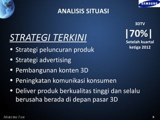 ANALISIS SITUASI
                                                   3DTV


    STRATEGI TERKINI                          |70%|
                                               Setelah kuartal
                                                 ketiga 2012
    •   Strategi peluncuran produk
    •   Strategi advertising
    •   Pembangunan konten 3D
    •   Peningkatan komunikasi konsumen
    •   Deliver produk berkualitas tinggi dan selalu
        berusaha berada di depan pasar 3D

Marke ting P l
             an                                              3
 