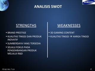 ANALISIS SWOT



                  STRENGTHS               WEAKNESSES
    • BRAND PRESTIGE               • 3D GAMING CONTENT
    • KUALITAS TINGGI DAN PRODUK   • KUALITAS TINGGI  HARGA TINGGI
      INOVATIF
    • SUMBERDAYA YANG TERSEDIA
    • SELALU FOKUS PADA
      PENGEMBANGAN PRODUK
      MELALUI R&D




Marke ting P l
             an                                                       7
 