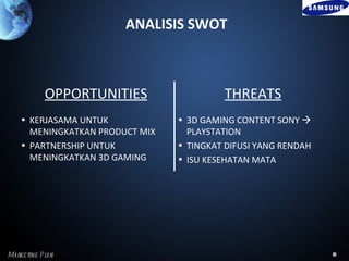 ANALISIS SWOT



            OPPORTUNITIES                 THREATS
    • KERJASAMA UNTUK            • 3D GAMING CONTENT SONY 
      MENINGKATKAN PRODUCT MIX     PLAYSTATION
    • PARTNERSHIP UNTUK          • TINGKAT DIFUSI YANG RENDAH
      MENINGKATKAN 3D GAMING     • ISU KESEHATAN MATA




Marke ting P l
             an                                                 8
 