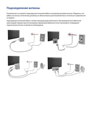 Подсоединение антенны 
Ознакомьтесь со схемой и подсоедините антенный кабель ко входному разъему антенны. Убедитесь, что 
кабель не изогнут. Количество разъемов, их обозначение и расположение могут отличаться в зависимости 
от модели. 
Подсоедините антенный кабель, соответствующий среде просмотра (с беспроводной или кабельной 
трансляцией). Однако при использовании приемников кабельного или спутникового телевидения 
подключение антенны не является необходимым. 
 