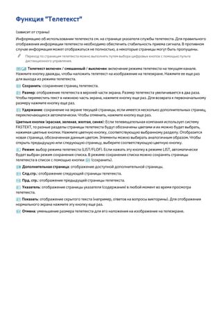 Функция "Телетекст" 
(зависит от страны) 
Информацию об использовании телетекста см. на странице указателя службы телетекста. Для правильного 
отображения информации телетекста необходимо обеспечить стабильность приема сигнала. В противном 
случае информация может отображаться не полностью, а некоторые страницы могут быть пропущены. 
"" Переход по страницам телетекста можно выполнять путем выбора цифровых кнопок с помощью пульта 
дистанционного управления. 
/ Телетекст включен / смешанный / выключен: включение режима телетекста на текущем канале. 
Нажмите кнопку дважды, чтобы наложить телетекст на изображение на телеэкране. Нажмите ее еще раз 
для выхода из режима телетекста. 
8 Сохранить: сохранение страниц телетекста. 
4 Размер: отображение телетекста в верхней части экрана. Размер телетекста увеличивается в два раза. 
Чтобы переместить текст в нижнюю часть экрана, нажмите кнопку еще раз. Для возврата к первоначальному 
размеру нажмите кнопку еще раз. 
9 Удержание: сохранение на экране текущей страницы, если имеется несколько дополнительных страниц, 
переключающихся автоматически. Чтобы отменить, нажмите кнопку еще раз. 
Цветные кнопки (красная, зеленая, желтая, синяя): Если телевещательная компания использует систему 
FASTEXT, то разные разделы страницы телетекста будут обозначены цветами и их можно будет выбрать, 
нажимая цветные кнопки. Нажмите цветную кнопку, соответствующую выбранному разделу. Отобразится 
новая страница, обозначенная данным цветом. Элементы можно выбирать аналогичным образом. Чтобы 
открыть предыдущую или следующую страницу, выберите соответствующую цветную кнопку. 
0 Режим: выбор режима телетекста (LIST/FLOF). Если нажать эту кнопку в режиме LIST, автоматически 
будет выбран режим сохранения списка. В режиме сохранения списка можно сохранять страницы 
телетекста в список с помощью кнопки 8 (сохранить). 
1 Дополнительная страница: отображение доступной дополнительной страницы. 
2 Слд.стр.: отображение следующей страницы телетекста. 
3 Прд. стр.: отображение предыдущей страницы телетекста. 
6 Указатель: отображение страницы указателя (содержания) в любой момент во время просмотра 
телетекста. 
5 Показать: отображение скрытого текста (например, ответов на вопросы викторины). Для отображения 
нормального экрана нажмите эту кнопку еще раз. 
7 Отмена: уменьшение размера телетекста для его наложения на изображение на телеэкране. 
 
