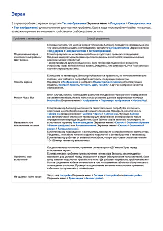 Экран 
В случае проблем с экраном запустите Тест изображения (Экранное меню > Поддержка > Самодиагностика 
> Тест изображения) для выполнения диагностики проблемы. Если в ходе теста проблему найти не удалось, 
возможно причина во внешнем устройстве или слабом уровне сигнала. 
Проблема с телевизором. Способ устранения. 
Подключение через 
компонентный разъем/ 
Цвет экрана 
Если вы считаете, что цвет на экране телевизора Samsung передается неправильно или 
что черный и белый цвета не передаются, запустите Самодиагностика (Экранное меню 
> Поддержка > Самодиагностика > Тест изображения). 
Если по результатам испытания проблема отсутствует, проверьте следующее: 
Входные видеоразъемы телевизора подсоединены к соответствующим выходным 
видеоразъемам устройства? 
Также проверьте другие соединения. Если телевизор подключен к внешнему 
устройству через компонентный кабель, убедитесь, что штекеры Pb, Pr и Y вставлены в 
соответствующие разъемы. 
Яркость экрана 
Если цвета на телевизоре Samsung отображаются правильно, но немного темнее или 
светлее, чем требуется, попробуйте настроить следующие параметры. 
Перейдите к Изображение и настройте Подсветка/Свет ячейки(соответствующие 
модели), Контраст, Яркость, Четкость, Цвет, Тон(З/К) и другие настройки качества 
изображения. 
Motion Plus / Blur 
В том случае, если вы наблюдаете размытие или двойное "призрачное" изображение 
на своем телевизоре, можно попытаться устранить данные эффекты при помощи 
Motion Plus (Экранное меню > Изображение > Параметры изображения > Motion Plus). 
Нежелательное 
выключение питания 
Если телевизор Samsung выключается самостоятельно, попробуйте отключить 
некоторые энергосберегающие функции телевизора. Проверьте, не включен ли 
Таймер сна (Экранное меню > Система > Время > Таймер сна). Функция Таймер 
сна автоматически отключает телевизор для сбережения электроэнергии после 
определенного периода бездействия. Если Таймер сна не включен, посмотрите, не 
включен ли параметр Режим ожидания (Экранное меню > Система > Экономный режим 
> Режим ожидания) или Автовыключение (Экранное меню > Система > Экономный 
режим > Автовыключение). 
Если телевизор подсоединен к компьютеру, проверьте настройки питания компьютера. 
Убедитесь, что кабель питания надежно подключен к сетевой розетке и телевизору. 
Если телевизор работает от антенны или кабеля, то при отсутствии сигнала в течение 
10–15 минут телевизор выключится. 
Проблемы при 
включении 
Когда телевизор выключен, приемник сигнала пульта ДУ мигает 5 раз перед 
включением экрана. 
Если возникают проблемы при включении телевизора Samsung, рекомендуется 
проверить ряд условий перед обращением в отдел обслуживания пользователей. Если 
шнур питания подключен правильно и пульт ДУ работает нормально, проблема может 
быть в соединении кабеля антенны или в том, что приемник кабельного/спутникового 
телевидения отключен. Проверьте подключение антенны или включите приемник 
кабельного/спутникового телевидения. 
Не удается найти канал Запустите Настройка (Экранное меню > Система > Настройка) или Автонастройка 
(Экранное меню > Трансляция > Автонастройка). 
 