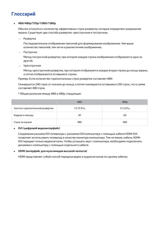 Глоссарий 
●● 480i/480p/720p/1080i/1080p 
Обычно относится к количеству эффективных строк развертки, которые определяют разрешение 
экрана. Существует два способа развертки: чресстрочная и построчная. 
–– Развертка 
Последовательное отображение пикселей для формирования изображения. Чем выше 
количество пикселей, тем четче и реалистичнее изображение. 
–– Построчно 
Метод построчной развертки, при котором каждая строка изображения отображается одна за 
другой. 
–– Чресстрочная 
Метод чресстрочной развертки, при котором отображается каждая вторая строка до конца экрана, 
а потом отображаются оставшиеся строки. 
Пример. Если количество горизонтальных строк развертки составляет 480i 
Сканируются 240 строк от сначала до конца, а потом сканируются оставшиеся 240 строк, что в сумме 
составляет 480 строк. 
* Общие различия между 480i и 480p следующие: 
480i 480p 
Частота горизонтальной развертки 15,75 КГц 31,5 КГц 
Кадров в секунду 30 60 
Строк на экране 480 480 
●● DVI (цифровой видеоинтерфейс) 
Соединение разъема DVI телевизора с разъемом DVI компьютера с помощью кабеля HDMI-DVI 
позволяет использовать телевизор в качестве монитора компьютера. Тем не менее, кабель HDMI-DVI 
передает только видеосигналы. Чтобы услышать звук с компьютера, необходимо подключить 
динамики к компьютеру с помощью отдельного кабеля. 
●● HDMI (интерфейс для мультимедиа высокой четкости) 
HDMI представляет собой способ передачи видео и аудиосигналов по одному кабелю. 
 