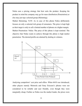 Nokia uses a pricing strategy that best suits the product. Keeping the
product in mind the company may go for mass distribution (Penetration) or
else may just tap a selected group (Skimming).
Market Skimming- N-95: As in case of this phone Nokia deliberately
focuses on only a selected rich group of consumers. The price is kept high
as their target is only to sell a limited number of phones at a higher margin.
Market Penetration- Nokia: The price of this phone is kept nominal. The
objective that Nokia wants to achieve through this phone is high market
penetration. The desired profits are attained by dealing in volumes.
Analysing competitors’ cost price and offers- When 6610 was introduced,
other players namely Motorola and Sony Ericsson’s phones were not
considered to be reliable and user friendly, even though they were
marginally cheap. Further as Nokia was the market leader, the prices were
16
P1
P2
P3
Price/C
ost
Time Period/ Units Produced
Experience Curve
T1 T2 T3
 