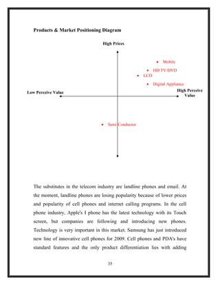 Products & Market Positioning Diagram
The substitutes in the telecom industry are landline phones and email. At
the moment, landline phones are losing popularity because of lower prices
and popularity of cell phones and internet calling programs. In the cell
phone industry, Apple's I phone has the latest technology with its Touch
screen, but companies are following and introducing new phones.
Technology is very important in this market. Samsung has just introduced
new line of innovative cell phones for 2009. Cell phones and PDA's have
standard features and the only product differentiation lies with adding
35
Low Perceive Value High Perceive
Value
High Prices
• Mobile
• Digital Appliance
• Semi Conductor
• LCD
• HD TV/DVD
 