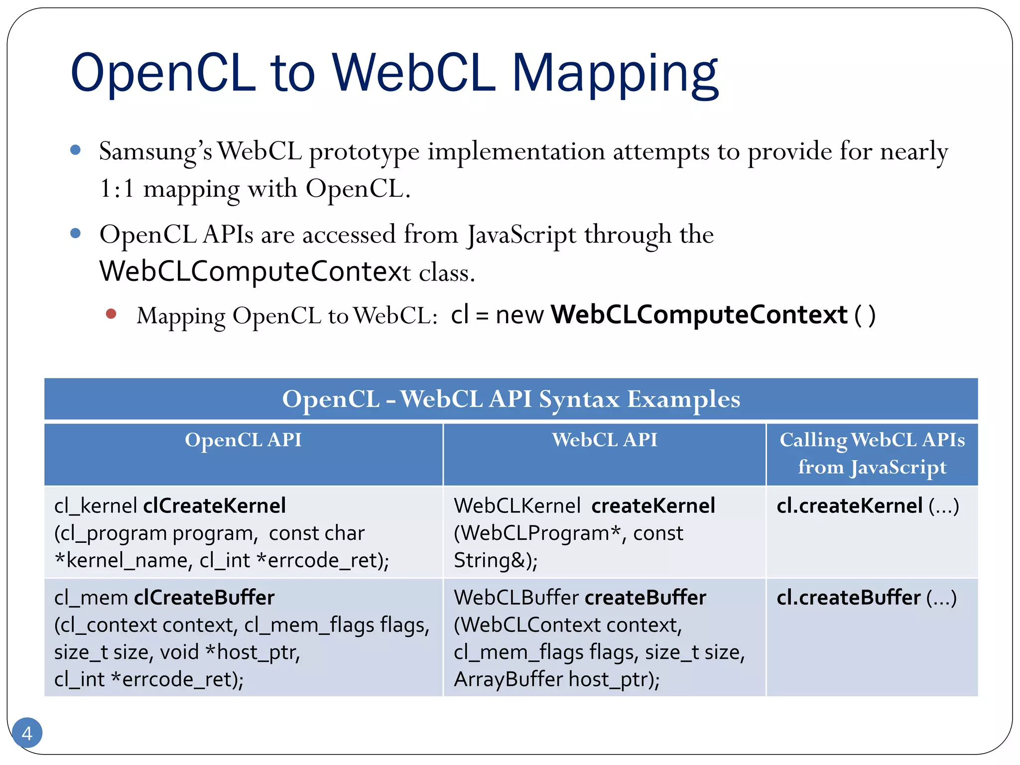 OpenCL to WebCL Mapping
      Samsung’s WebCL prototype implementation attempts to provide for nearly
       1:1 mapping with OpenCL.
      OpenCL APIs are accessed from JavaScript through the
       WebCLComputeContext class.
          Mapping OpenCL to WebCL: cl = new WebCLComputeContext ( )


                            OpenCL - WebCL API Syntax Examples
                 OpenCL API                              WebCL API                Calling WebCL APIs
                                                                                   from JavaScript
    cl_kernel clCreateKernel                   WebCLKernel createKernel           cl.createKernel (…)
    (cl_program program, const char            (WebCLProgram*, const
    *kernel_name, cl_int *errcode_ret);        String&);
    cl_mem clCreateBuffer                      WebCLBuffer createBuffer           cl.createBuffer (…)
    (cl_context context, cl_mem_flags flags,   (WebCLContext context,
    size_t size, void *host_ptr,               cl_mem_flags flags, size_t size,
    cl_int *errcode_ret);                      ArrayBuffer host_ptr);

4
 