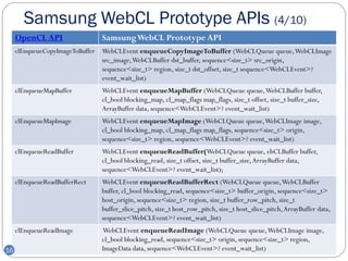 Samsung WebCL Prototype APIs (4/10)
     OpenCL API                   Samsung WebCL Prototype API
     clEnqueueCopyImageToBuffer   WebCLEvent enqueueCopyImageToBuffer (WebCLQueue queue, WebCLImage
                                  src_image, WebCLBuffer dst_buffer, sequence<size_t> src_origin,
                                  sequence<size_t> region, size_t dst_offset, size_t sequence<WebCLEvent>?
                                  event_wait_list)
     clEnqueueMapBuffer           WebCLEvent enqueueMapBuffer (WebCLQueue queue, WebCLBuffer buffer,
                                  cl_bool blocking_map, cl_map_flags map_flags, size_t offset, size_t buffer_size,
                                  ArrayBuffer data, sequence<WebCLEvent>? event_wait_list)
     clEnqueueMapImage            WebCLEvent enqueueMapImage (WebCLQueue queue, WebCLImage image,
                                  cl_bool blocking_map, cl_map_flags map_flags, sequence<size_t> origin,
                                  sequence<size_t> region, sequence<WebCLEvent>? event_wait_list)
     clEnqueueReadBuffer          WebCLEvent enqueueReadBuffer(WebCLQueue queue, ebCLBuffer buffer,
                                  cl_bool blocking_read, size_t offset, size_t buffer_size, ArrayBuffer data,
                                  sequence<WebCLEvent>? event_wait_list);
     clEnqueueReadBufferRect      WebCLEvent enqueueReadBufferRect (WebCLQueue queue, WebCLBuffer
                                  buffer, cl_bool blocking_read, sequence<size_t> buffer_origin, sequence<size_t>
                                  host_origin, sequence<size_t> region, size_t buffer_row_pitch, size_t
                                  buffer_slice_pitch, size_t host_row_pitch, size_t host_slice_pitch, ArrayBuffer data,
                                  sequence<WebCLEvent>? event_wait_list)
     clEnqueueReadImage           WebCLEvent enqueueReadImage (WebCLQueue queue, WebCLImage image,
                                  cl_bool blocking_read, sequence<size_t> origin, sequence<size_t> region,
16                                ImageData data, sequence<WebCLEvent>? event_wait_list)
 