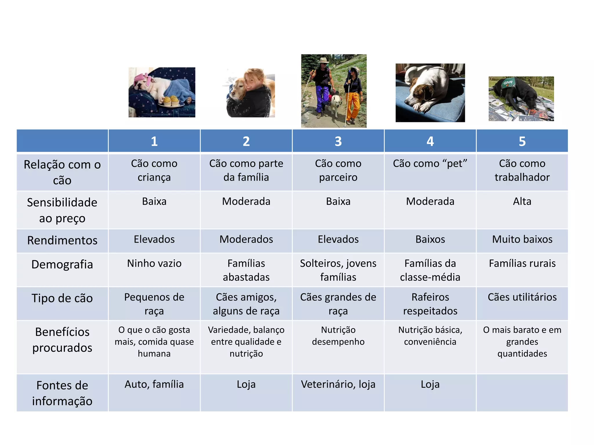 1 2 3 4 5
Relação com o
cão
Cão como
criança
Cão como parte
da família
Cão como
parceiro
Cão como “pet” Cão como
trabalhador
Sensibilidade
ao preço
Baixa Moderada Baixa Moderada Alta
Rendimentos Elevados Moderados Elevados Baixos Muito baixos
Demografia Ninho vazio Famílias
abastadas
Solteiros, jovens
famílias
Famílias da
classe-média
Famílias rurais
Tipo de cão Pequenos de
raça
Cães amigos,
alguns de raça
Cães grandes de
raça
Rafeiros
respeitados
Cães utilitários
Benefícios
procurados
O que o cão gosta
mais, comida quase
humana
Variedade, balanço
entre qualidade e
nutrição
Nutrição
desempenho
Nutrição básica,
conveniência
O mais barato e em
grandes
quantidades
Fontes de
informação
Auto, família Loja Veterinário, loja Loja
 