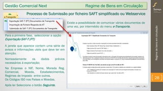 Regimedebensemcirculação
28
Gestão Comercial Next Regime de Bens em Circulação
Processo de Submissão por ficheiro SAFT simplificado ou Webservice
Para a primeira fase, seleccionar a opção
Exportação SAF-T (PT)
A janela que aparece contem uma série de
avisos e informações uteis que deve ter em
atenção.
Nomeadamente os dados prévios
necessários á exportação;
Na Empresa o NIF, Nome, Morada Reg.
Comercial, Moeda, Estabelecimentos,
Regimes de Imposto entre outros.
Os Códigos ISO nos Países e Moedas.
Após ler Seleccione o botão Seguinte.
Existe a possibilidade de comunicar vários documentos de
uma vez, por intermédio do menu e-Transporte.
 