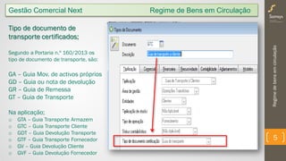 Regimedebensemcirculação
5
Tipo de documento de
transporte certificados;
Segundo a Portaria n.º 160/2013 os
tipo de documento de transporte, são:
GA – Guia Mov. de activos próprios
GD – Guia ou nota de devolução
GR – Guia de Remessa
GT – Guia de Transporte
Na aplicação;
o GTA – Guia Transporte Armazem
o GTC – Guia Transporte Cliente
o GDT – Guia Devolução Transporte
o GTF – Guia Transporte Fornecedor
o GV – Guia Devolução Cliente
o GVF – Guia Devolução Fornecedor
Gestão Comercial Next Regime de Bens em Circulação
 