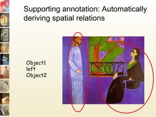 Supporting annotation: Automatically
deriving spatial relations
Object1
left
Object2
 