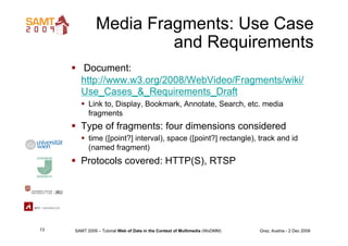 Media Fragments: Use Case
                       and Requirements
       Document:
        http://www.w3.org/2008/WebVide...