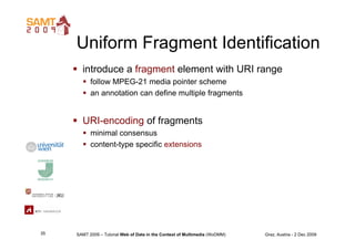 Uniform Fragment Identification
       introduce a fragment element with URI range
         follow MPEG-21 media pointer...