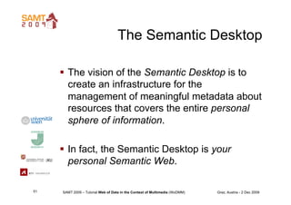 The Semantic Desktop

       The vision of the Semantic Desktop is to
        create an infrastructure for the
        ma...