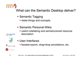 What can the Semantic Desktop deliver?
       Semantic Tagging
          relate things and concepts

       Semantic Pe...