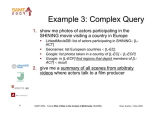 Example 3: Complex Query
    1.  show me photos of actors participating in the
        SHINING movie visiting a country in...