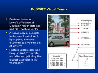 DoG/SIFT Visual Terms
 Features based on
Lowe’s difference-of-
Gaussian region detector
and SIFT feature vector.
 A vocabulary of exemplar
feature-vectors is learnt
by applying k-means
clustering to a training set
of features.
 Feature-vectors can then
be quantised to discrete
visual terms by finding the
closest exemplar in the
vocabulary.
 