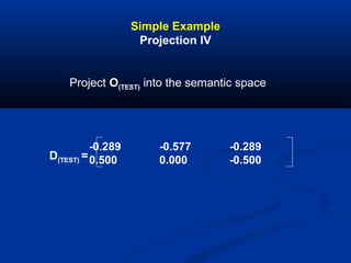 Simple Example
Projection IV
Project O(TEST) into the semantic space
-0.289 -0.577 -0.289
0.500 0.000 -0.500D(TEST) =
 