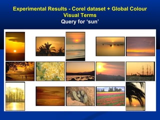 Experimental Results - Corel dataset + Global Colour
Visual Terms
Query for ‘sun’
 