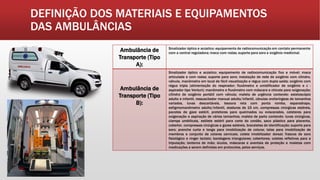 DEFINIÇÃO DOS MATERIAIS E EQUIPAMENTOS
DAS AMBULÂNCIAS
Ambulância de
Transporte (Tipo
A):
Sinalizador óptico e acústico; equipamento de radiocomunicação em contato permanente
com a central reguladora; maca com rodas; suporte para soro e oxigênio medicinal.
Ambulância de
Transporte (Tipo
B):
Sinalizador óptico e acústico; equipamento de radiocomunicação fixo e móvel; maca
articulada e com rodas; suporte para soro; instalação de rede de oxigênio com cilindro,
válvula, manômetro em local de fácil visualização e régua com dupla saída; oxigênio com
régua tripla (alimentação do respirador; fluxômetro e umidificador de oxigênio e c -
aspirador tipo Venturi); manômetro e fluxômetro com máscara e chicote para oxigenação;
cilindro de oxigênio portátil com válvula; maleta de urgência contendo: estetoscópio
adulto e infantil, ressuscitador manual adulto/infantil, cânulas orofaríngeas de tamanhos
variados, luvas descartáveis, tesoura reta com ponta romba, esparadrapo,
esfigmomanômetro adulto/infantil, ataduras de 15 cm, compressas cirúrgicas estéreis,
pacotes de gaze estéril, protetores para queimados ou eviscerados, cateteres para
oxigenação e aspiração de vários tamanhos; maleta de parto contendo: luvas cirúrgicas,
clamps umbilicais, estilete estéril para corte do cordão, saco plástico para placenta,
cobertor, compressas cirúrgicas e gazes estéreis, braceletes de identificação; suporte para
soro; prancha curta e longa para imobilização de coluna; talas para imobilização de
membros e conjunto de colares cervicais; colete imobilizador dorsal; frascos de soro
fisiológico e ringer lactato; bandagens triangulares; cobertores; coletes refletivos para a
tripulação; lanterna de mão; óculos, máscaras e aventais de proteção e maletas com
medicações a serem definidas em protocolos, pelos serviços.
 