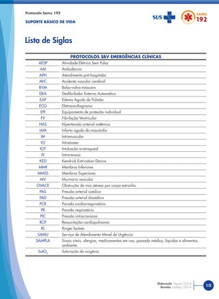 Protocolo Samu 192
SUPORTE BÁSICO DE VIDA
PROTOCOLOS SBV EMERGÊNCIAS CLÍNICAS
AESP Atividade Elétrica Sem Pulso
AM Ambulância
APH Atendimento pré-hospitalar
AVC Acidente vascular cerebral
BVM Bolsa-valva-máscara
DEA Desﬁbrilador Externo Automático
EAP Edema Agudo de Pulmão
ECG Eletrocardiograma
EPI Equipamento de proteção individual
FV Fibrilação Ventricular
HAS Hipertensão arterial sistêmica
IAM Infarto agudo do miocárdio
IM Intramuscular
IO Intraóssea
IOT Intubação orotraqueal
IV Intravenoso
KED Kendrick Extrication Device
MMII Membros Inferiores
MMSS Membros Superiores
MV Murmúrio vesicular
OVACE Obstrução de vias aéreas por corpo estranho
PAS Pressão arterial sistólica
PAD Pressão arterial diastólica
PCR Parada cardiorrespiratória
PR Parada respiratória
PIC Pressão intracraniana
RCP Ressucitação cardiopulmonar
RL Ringer lactato
SAMU Serviço de Atendimento Móvel de Urgência
SAMPLA Sinais vitais, alergias, medicamentos em uso, passado médico, líquidos e alimentos,
ambiente.
SatO2
Saturação de oxigênio
Lista de Siglas
1/2
Elaboração: Agosto/2014
Revisão: Outubro/2014
 