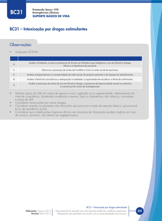 Este protocolo foi pautado nas mais recentes evidências cientíﬁcas disponíveis.
Adaptações são permitidas de acordo com as particularidades dos serviços.
Elaboração: Agosto/2014
Revisão: Abril/2015
2/2
Protocolo Samu 192
Emergências Clínicas
SUPORTE BÁSICO DE VIDA
Este protocolo foi pautado nas mais recentes evidências cientíﬁcas disponíveis.
Adaptações são permitidas de acordo com as particularidades dos serviços.
Observações:
• Avaliação ACENA:
A
Avaliar: Arredores, a casa e a presença de Armas ou Artefatos que indiquem o uso de Álcool e drogas;
Altura e a Aparência do paciente.
C Observar a presença de sinais de Conflito e Crise na rede social do paciente.
E Avaliar as Expectativas e a receptividade da rede social, do próprio paciente e da Equipe de atendimento.
N Avaliar o Nível de consciência, a adequação à realidade, a capacidade de escolha e o Nível de sofrimento.
A
Avaliar a presença de sinais de uso de Álcool e drogas, a presença de Agressividade (atual ou anterior)
e a presença de sinais de Autoagressão.
• Solicitar apoio do SAV em casos de agravos como: agitação e/ou agressividade, rebaixamento do
nível de consciência, hipotensão moderada a severa, hipo ou hipertermia, dor torácica, convulsões
e sinais de AVE.
• Considerar intoxicações por outras drogas.
• Considerar orientar os pacientes não removidos que procurem a rede de atenção básica, psicossocial
e/ou de assistência social.
• Considerar que complicações/agravos clínicos em situações de intoxicação podem implicar em risco
de morte e, portanto, não devem ser negligenciados.
BC31 – Intoxicação por drogas estimulantes
BC31
BC31 – Intoxicação por drogas estimulantes
 