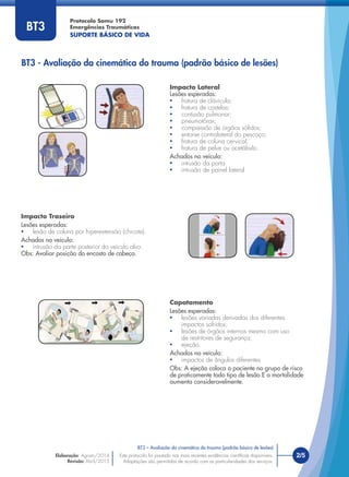 Protocolo Samu 192
Emergências Traumáticas
SUPORTE BÁSICO DE VIDA
Impacto Lateral
Lesões esperadas:
• fratura de clávicula;
• fratura de costelas;
• contusão pulmonar;
• pneumotórax;
• compressão de órgãos sólidos;
• entorse contralateral do pescoço;
• fratura de coluna cervical;
• fratura de pelve ou acetábulo.
Achados no veículo:
• intrusão da porta
• intrusão de painel lateral
Capotamento
Lesões esperadas:
• lesões variadas derivadas dos diferentes
impactos sofridos;
• lesões de órgãos internos mesmo com uso
de restritores de segurança;
• ejeção.
Achados no veículo:
• impactos de ângulos diferentes
Obs: A ejeção coloca o paciente no grupo de risco
de praticamente todo tipo de lesão E a mortalidade
aumenta consideravelmente.
Impacto Traseiro
Lesões esperadas:
• lesão de coluna por hiperextensão (chicote).
Achados no veículo:
• intrusão da parte posterior do veículo alvo.
Obs: Avaliar posição do encosto de cabeça.
BT3 - Avaliação da cinemática do trauma (padrão básico de lesões)
Este protocolo foi pautado nas mais recentes evidências cientíﬁcas disponíveis.
Adaptações são permitidas de acordo com as particularidades dos serviços.
Elaboração: Agosto/2014
Revisão: Abril/2015
2/5Este protocolo foi pautado nas mais recentes evidências cientíﬁcas disponíveis.
Adaptações são permitidas de acordo com as particularidades dos serviços.
BT3 – Avaliação da cinemática do trauma (padrão básico de lesões)
BT3
 
