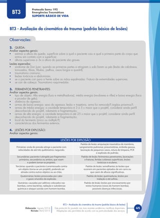 Protocolo Samu 192
Emergências Traumáticas
SUPORTE BÁSICO DE VIDA
Este protocolo foi pautado nas mais recentes evidências cientíﬁcas disponíveis.
Adaptações são permitidas de acordo com as particularidades dos serviços.
Elaboração: Agosto/2014
Revisão: Abril/2015
4/5Este protocolo foi pautado nas mais recentes evidências cientíﬁcas disponíveis.
Adaptações são permitidas de acordo com as particularidades dos serviços.
BT3 – Avaliação da cinemática do trauma (padrão básico de lesões)
Observações:
2. QUEDA:
Avaliar aspectos gerais:
• estimar a altura da queda, superfície sobre a qual o paciente caiu e qual a primeira parte do corpo que
entrou em contato com a superfície;
• alturas superiores a 3x a altura do paciente são graves
Lesões esperadas:
• síndrome de Don Juan: quando as primeiras partes a atingirem o solo forem os pés (lesão de calcâneos,
tornozelos, tíbias, fíbulas, joelhos, ossos longos e quadril);
• traumatismo craniano;
• lesões torácicas e abdominais.
• se o paciente cair para a frente sobre as mãos espalmadas: Fratura de extremidades superiores.
• se cair de cabeça: Traumatismo raquimedular.
3. FERIMENTOS PENETRANTES:
Avaliar aspectos gerais:
• tipo de objeto: Alta energia (fusis e metralhadoras), média energia (revolveres e riﬂes) e baixa energia (faca
e picador de gelo);
• distância do agressor;
• armas de baixa energia: sexo do agressor, lesão = trajetória, arma foi removida?,órgãos próximos?;
• armas de média energia: a cavidade temporária é 3 a 5 x maior que o projétil, considerar ainda perﬁl
desconhecido do projétil, rolamento e fragmentação;
• armas de alta energia: a cavidade temporária é até 25 x maior que o projétil; considerar ainda perﬁl
desconhecido do projétil, rolamento e fragmentação;
• local do ferimento (único ou múltiplo?);
• características dos ferimentos externos.
4. LESÕES POR EXPLOSÃO:
Avaliar aspectos gerais:
LESÕES POR EXPLOSÃO
Primárias: onda de pressão atinge o paciente com
velocidades de até três quilômetros /segundo.
Padrão de lesão: amputação traumática de membros,
sangramento pulmonar, pneumotórax, embolia gasosa,
laceração de pequenos vasos, rotura de tímpano, PCR
e explosão de pulmão.
Secundárias: paciente é atingido por fragmentos
primários, secundários ou ambos, que voam
e podem tornar-se projeteis.
Padrão de lesão: ferimentos penetrantes, lacerações
e fraturas, feridas cutâneas superficiais, lesões
torácicas e oculares.
Terciárias: quando o paciente é arremessado contra
um objeto (torna-se um projétil), podendo ser
atirada contra outros objetos ou ao chão.
Padrão de lesão: semelhantes às lesões que
ocorrem em pacientes ejetados de um carro ou
que caem de alturas significativas.
Quaternárias: lesões provocadas por calor
e gases oriundos da explosão.
Padrão de lesão: queimaduras, lesões por
inalação e até asfixia.
Quinárias: causadas por aditivos colocados nas
bombas, como bactérias, radiação e substâncias
químicas e ataque suicida com homem-bomba.
Padrão de lesão: lesões por encravamento por
restos humanos (ossos do homem bomba),
possíveis doenças infecciosas.
BT3 - Avaliação da cinemática do trauma (padrão básico de lesões)
BT3
 