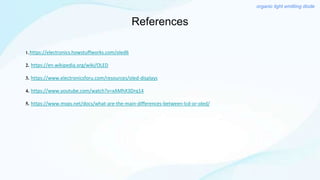 References
1.https://electronics.howstuffworks.com/oled6
2. https://en.wikipedia.org/wiki/OLED
3. https://www.electronicsforu.com/resources/oled-displays
4. https://www.youtube.com/watch?v=xAMhX3Drq14
5. https://www.mvps.net/docs/what-are-the-main-differences-between-lcd-or-oled/
organic light emitting diode
 