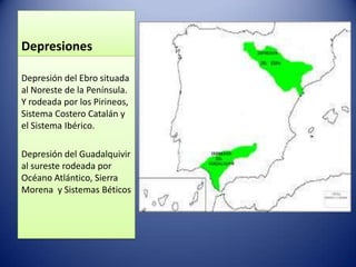 Depresiones
Depresión del Ebro situada
al Noreste de la Península.
Y rodeada por los Pirineos,
Sistema Costero Catalán y
el Sistema Ibérico.
Depresión del Guadalquivir
al sureste rodeada por
Océano Atlántico, Sierra
Morena y Sistemas Béticos

 