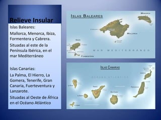 Relieve Insular
Islas Baleares:
Mallorca, Menorca, Ibiza,
Formentera y Cabrera.
Situadas al este de la
Península Ibérica, en el
mar Mediterráneo
Islas Canarias:
La Palma, El Hierro, La
Gomera, Tenerife, Gran
Canaria, Fuerteventura y
Lanzarote.
Situadas al Oeste de África
en el Océano Atlántico

 