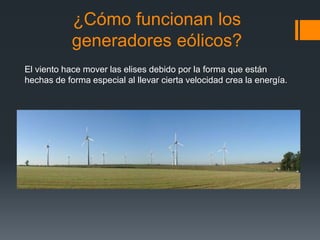 ¿Cómo funcionan los
generadores eólicos?
El viento hace mover las elises debido por la forma que están
hechas de forma especial al llevar cierta velocidad crea la energía.
 
