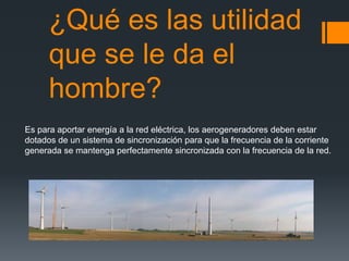 ¿Qué es las utilidad
que se le da el
hombre?
Es para aportar energía a la red eléctrica, los aerogeneradores deben estar
dotados de un sistema de sincronización para que la frecuencia de la corriente
generada se mantenga perfectamente sincronizada con la frecuencia de la red.
 