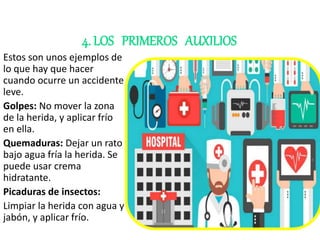 4. LOS PRIMEROS AUXILIOS
Estos son unos ejemplos de
lo que hay que hacer
cuando ocurre un accidente
leve.
Golpes: No mover la zona
de la herida, y aplicar frío
en ella.
Quemaduras: Dejar un rato
bajo agua fría la herida. Se
puede usar crema
hidratante.
Picaduras de insectos:
Limpiar la herida con agua y
jabón, y aplicar frío.
 