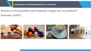 MUDANÇAS NO COMPORTAMENTO DE CONSUMO
Quanto um Consumidor está disposto a pagar por um produto?
Exemplo: Café!!!
 