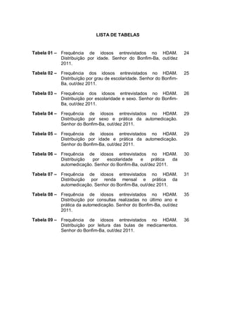 LISTA DE TABELAS


Tabela 01 – Frequência de idosos entrevistados no HDAM.                24
            Distribuição por idade. Senhor do Bonfim-Ba, out/dez
            2011.

Tabela 02 – Frequência dos idosos entrevistados no HDAM.               25
            Distribuição por grau de escolaridade. Senhor do Bonfim-
            Ba, out/dez 2011.

Tabela 03 – Frequência dos idosos entrevistados no HDAM.               26
            Distribuição por escolaridade e sexo. Senhor do Bonfim-
            Ba, out/dez 2011.

Tabela 04 – Frequência de idosos entrevistados no HDAM.                29
            Distribuição por sexo e prática da automedicação.
            Senhor do Bonfim-Ba, out/dez 2011.

Tabela 05 – Frequência de idosos entrevistados no HDAM.                29
            Distribuição por idade e prática da automedicação.
            Senhor do Bonfim-Ba, out/dez 2011.

Tabela 06 – Frequência de idosos entrevistados no HDAM.                30
            Distribuição  por   escolaridade    e    prática  da
            automedicação. Senhor do Bonfim-Ba, out/dez 2011.

Tabela 07 – Frequência de idosos entrevistados no HDAM.                31
            Distribuição por renda mensal e prática da
            automedicação. Senhor do Bonfim-Ba, out/dez 2011.

Tabela 08 – Frequência de idosos entrevistados no HDAM.                35
            Distribuição por consultas realizadas no último ano e
            prática da automedicação. Senhor do Bonfim-Ba, out/dez
            2011.

Tabela 09 – Frequência de idosos entrevistados no HDAM.                36
            Distribuição por leitura das bulas de medicamentos.
            Senhor do Bonfim-Ba, out/dez 2011.
 