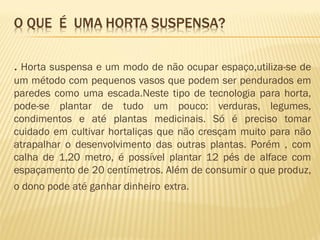 . Horta suspensa e um modo de não ocupar espaço,utiliza-se de
um método com pequenos vasos que podem ser pendurados em
paredes como uma escada.Neste tipo de tecnologia para horta,
pode-se plantar de tudo um pouco: verduras, legumes,
condimentos e até plantas medicinais. Só é preciso tomar
cuidado em cultivar hortaliças que não cresçam muito para não
atrapalhar o desenvolvimento das outras plantas. Porém , com
calha de 1,20 metro, é possível plantar 12 pés de alface com
espaçamento de 20 centímetros. Além de consumir o que produz,
o dono pode até ganhar dinheiro extra.
 
