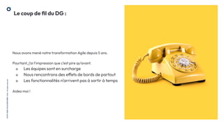 ici
mettre
une
Photo
.20
OCTO
I
PART
OF
ACCENTURE©
2024-
All
rights
reserved
Nous avons mené notre transformation Agile depuis 5 ans.
Pourtant, j’ai l’impression que c’est pire qu’avant.
๏ Les équipes sont en surcharge
๏ Nous rencontrons des effets de bords de partout
๏ Les fonctionnalités n’arrivent pas à sortir à temps
Aidez moi !
Le coup de ﬁl du DG :
 