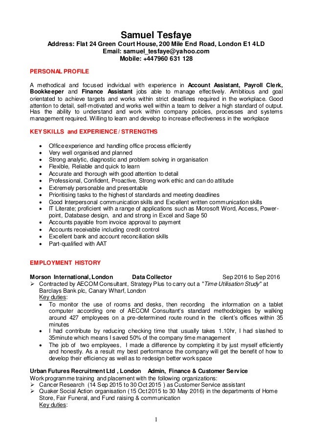samuel t cv for account and finance assistant jobs ed 22 feb 2017 account assistant cv