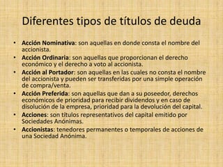 Diferentes tipos de títulos de deuda
• Acción Nominativa: son aquellas en donde consta el nombre del
accionista.
• Acción Ordinaria: son aquellas que proporcionan el derecho
económico y el derecho a voto al accionista.
• Acción al Portador: son aquellas en las cuales no consta el nombre
del accionista y pueden ser transferidas por una simple operación
de compra/venta.
• Acción Preferida: son aquellas que dan a su poseedor, derechos
económicos de prioridad para recibir dividendos y en caso de
disolución de la empresa, prioridad para la devolución del capital.
• Acciones: son títulos representativos del capital emitido por
Sociedades Anónimas.
• Accionistas: tenedores permanentes o temporales de acciones de
una Sociedad Anónima.

 