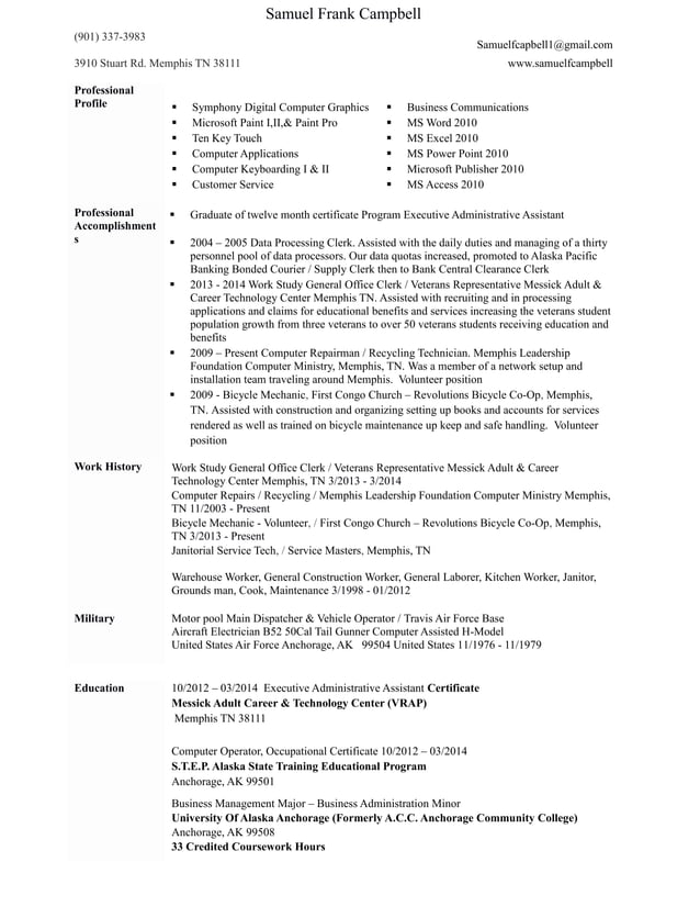 Samuel frank campbell resume - Samuel Frank Campbell Resume Updated 4 2015 1 638 