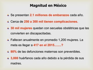 Se presentan 2.1 millones de embarazos cada año.
Cerca de 250 a 300 mil tienen complicaciones.
30 mil mujeres quedan con secuelas obstétricas que las
convierten en discapacitadas.
Fallecen anualmente en promedio 1,200 mujeres. La
meta es llegar a 417 en el 2015........?
80% de las defunciones maternas son prevenibles.
3,000 huérfanos cada año debido a la pérdida de sus
madres.
Magnitud en México
 