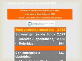 Total pacientes atendidas 2,762
Sin emergencia obstétrica 2,329
▪ Directas (Espontáneas) 2,135
▪ Referidas 194
Con emergencia
obstétrica
433
Número de atenciones otorgadas por el IMSS
28 de mayo al 31 de diciembre 2009
Convenio General de Colaboración Interinstitucional
Lo que ya está en marcha a partir de 2009
 