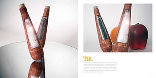 Tilt.
     A design concept and aesthetic models of a pair of salt and pepper
     shakers made from beech with cork lid and twist grinder base. The
     shakers, named ‘Tilt’, are weighted with a with a flat angled base
     so that they sit at a slant on the work surface and can be re-filled
     easily by removing the cork stopper. The concept was developed
     in a class undertaken during my time in San Francisco and aims to
     evoke fun and excitement when eating.

42                                                                          43
 