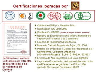 Certificación en los Gano
Cultivadores por el Centro
de Microbiología de
la Academia de
Ciencia
★ Certificado GMP por Alimento Sano
★ Certificación ISO 9001:2000
★ Certificación HACCP (Análisis de peligros y Control Alimentos)
★ Registro de Exportación por la Oficina Nacional de
Inspección Fronteriza y de Cuarentena
★ Licencia de Importación/Exportación
★ Marca de Calidad Superior de Fujian, Dic 2006
★ Patente en “Productos y Método de Preparación del
Ganoderma Lucidum Organico”
(Número de Patente ZL01101789.9, 03/07)
★ Empresa de Alta Tecnología de Fujian, 08/2006
★ La primera Empresa de comida saludable que recibe
certificaciones orgánicas de China, USA,
Japón la Comunidad Europea en 2006!
Certificaciones logradas por
 